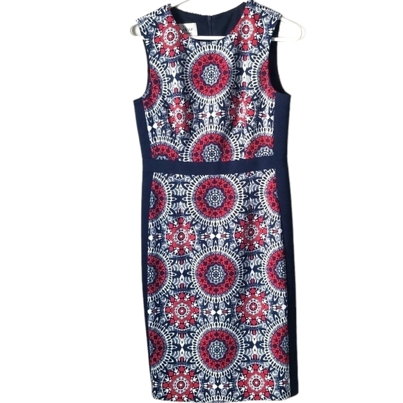 DM Collection Geometric Navy/Red Sleeveless Sheath Dress Size 4 - Picture 1 of 13